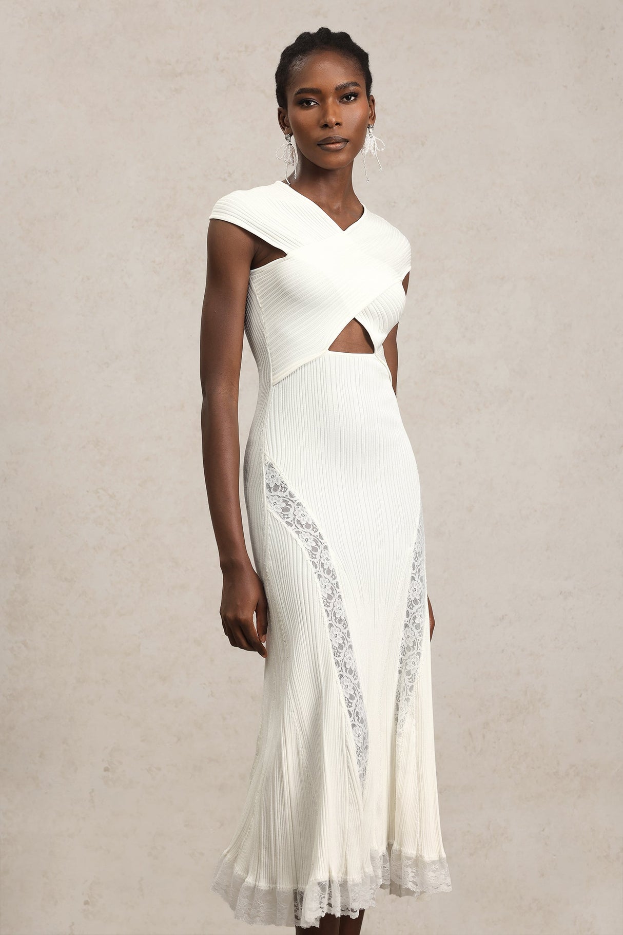 Lucy White Lace Detail Dress Cut-Out Waist Crossed Neckline Elegant Chic