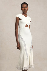 Lucy White Lace Detail Dress Cut-Out Waist Crossed Neckline Elegant Chic