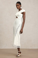 Lucy White Lace Detail Dress with Cut-Out Design and Crossed Neckline for Women