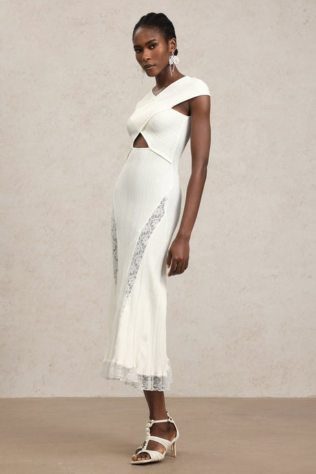 Lucy White Lace Detail Dress with Cut-Out Design and Crossed Neckline for Women