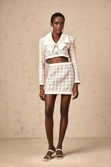 Ludivine pink tweed jacket and skirt set with check pattern