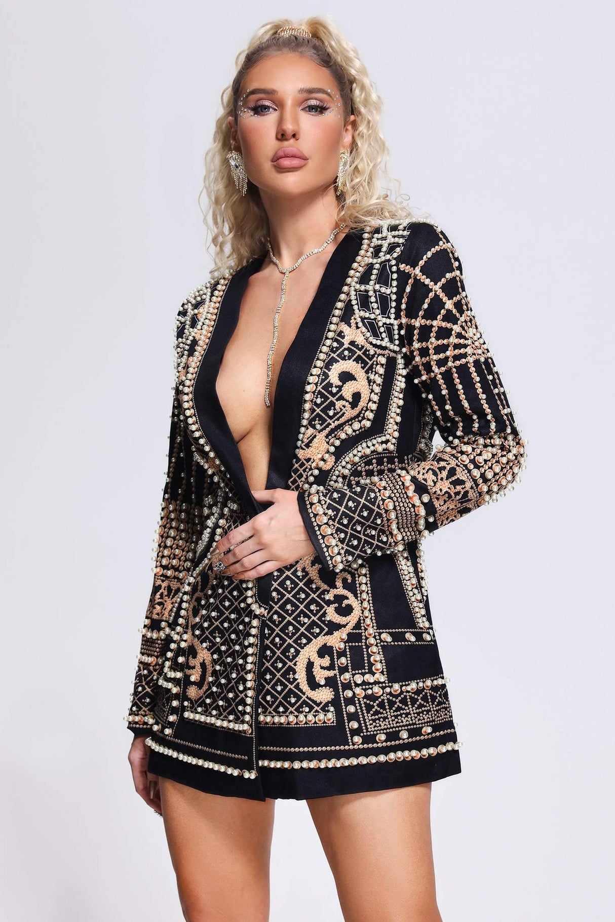 Ludovica Black Blazer Dress with Pearl Detailing and Plunging Neckline for Parties and Events