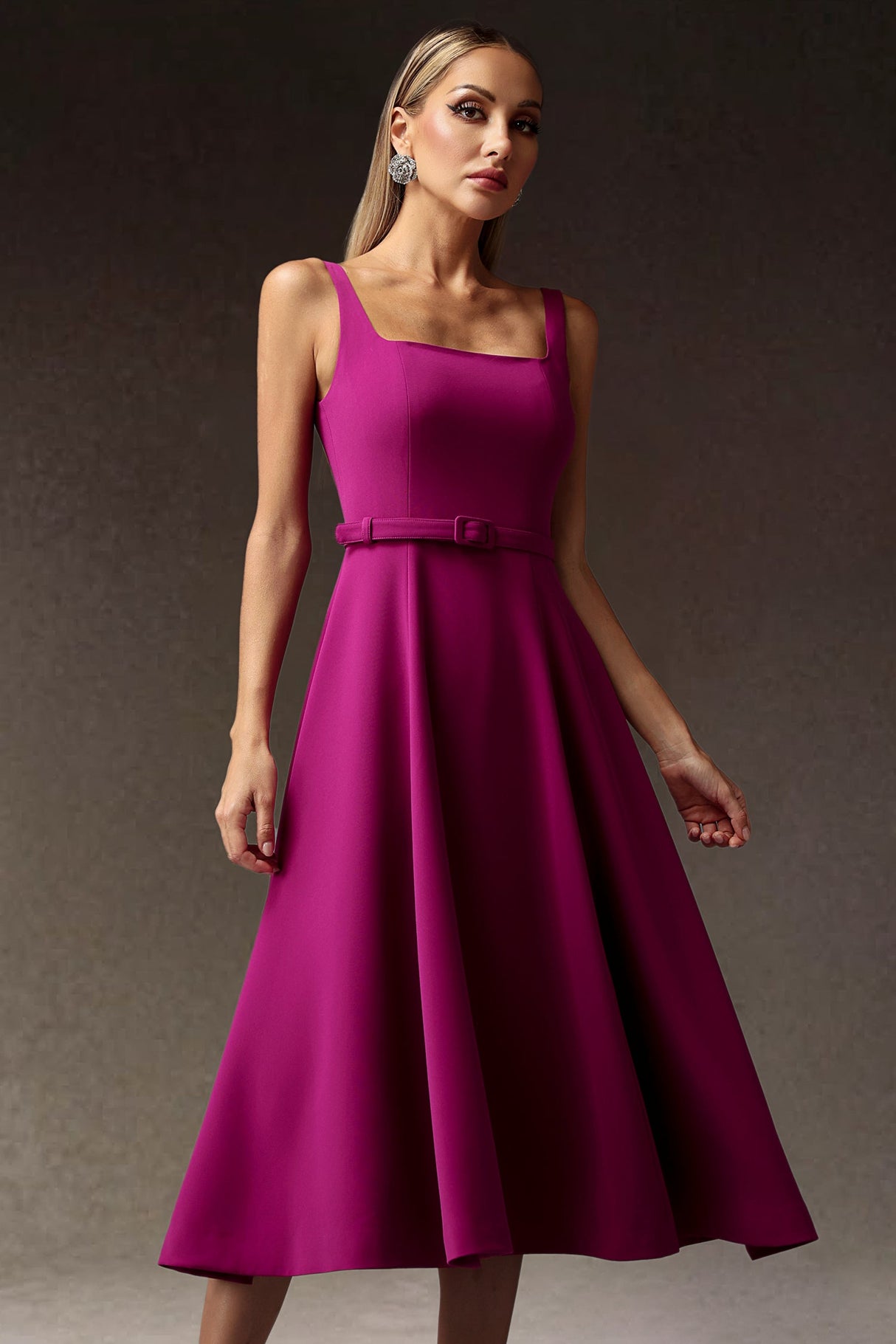 Ludovica Fuchsia Maxi Dress with Square-Cut Neckline and Belt, Ideal for Casual Outings and Formal Events