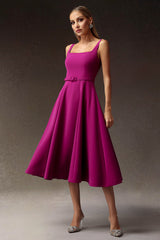 Ludovica Fuchsia Maxi Dress Square-Cut Neckline Sleeveless Belted Elegant Modern Style