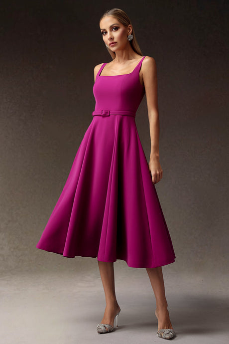 Ludovica Fuchsia Maxi Dress Square-Cut Neckline Sleeveless Belted Elegant Modern Style