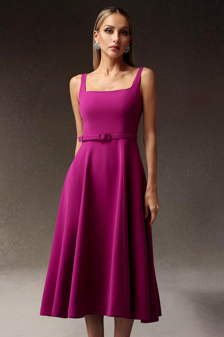 Ludovica Fuchsia Maxi Dress with Square-Cut Neckline and Belt for Women