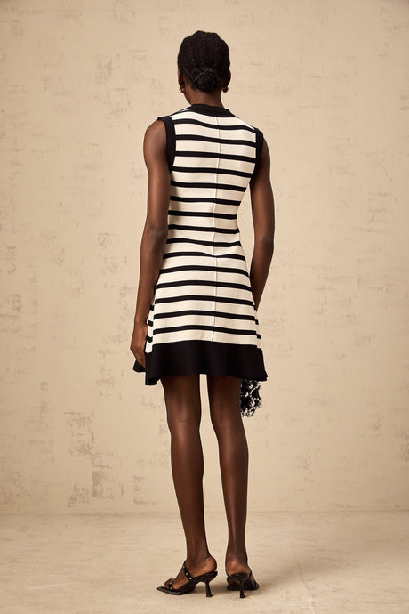 Ludovica Mini Dress Black White Striped Knit Ruffled Hem