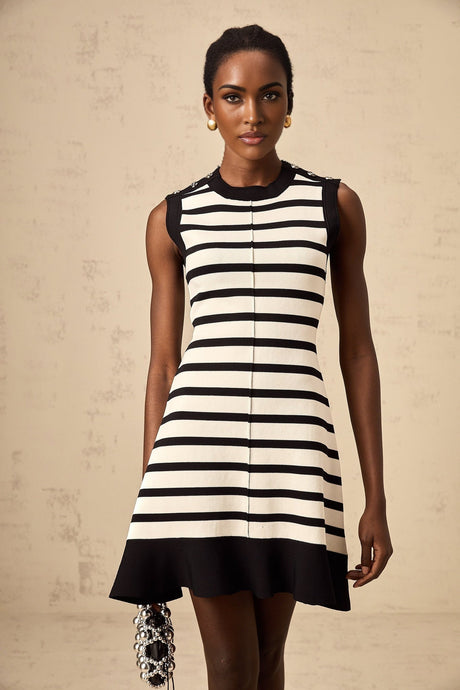 Ludovica Mini Dress Black White Striped Knit Ruffled Hem