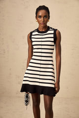 Ludovica Mini Dress Black White Striped Knit Ruffled Hem