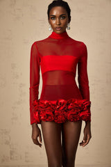 Ludovica Mini Dress Red Sheer Tulle 3D Petal Bouquet