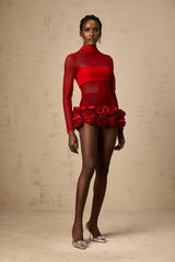 Ludovica Mini Dress Red Sheer Tulle 3D Petal Bouquet