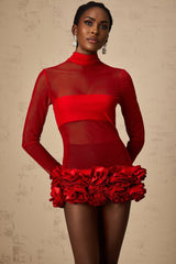 Ludovica Mini Dress Red Sheer Tulle 3D Petal Bouquet