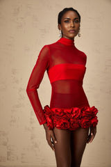 Ludovica Mini Dress Red Sheer Tulle 3D Petal Bouquet
