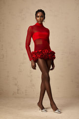 Ludovica Mini Dress Red Sheer Tulle 3D Petal Bouquet