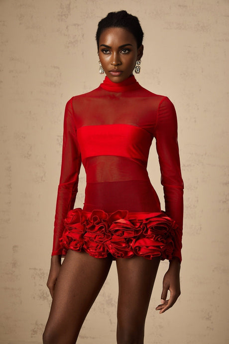 Ludovica Mini Dress Red Sheer Tulle 3D Petal Bouquet