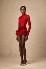 Ludovica Mini Dress Red Sheer Tulle 3D Petal Bouquet