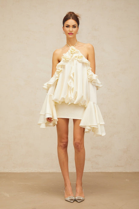 Ludovica Mini Dress with Halterneck and Ruffled Detailing