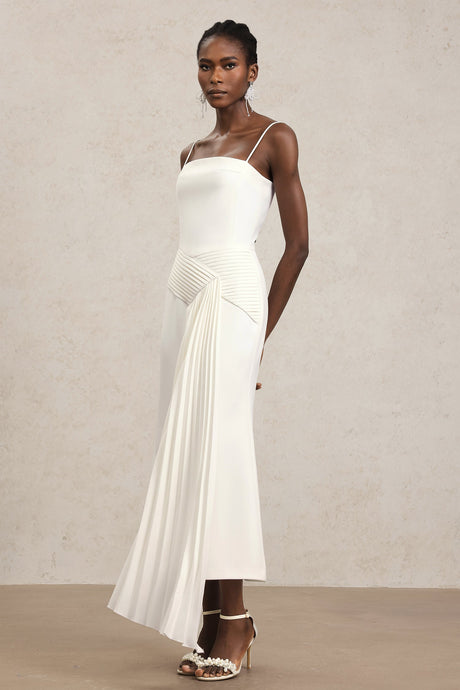 Ludovica White Maxi Dress Halter Neckline Soft Pleats Elegant