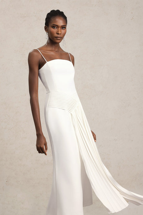 Ludovica White Maxi Dress Halter Neckline Pleated Detail Elegant Modern Design