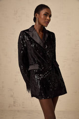 Luigia Blazer Luigia Feather Trim Sequin Black Blazer