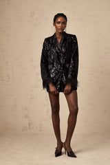 Luigia Blazer - Peak Lapels - Sequin and Feather Embellishment - Double - breasted Fastening