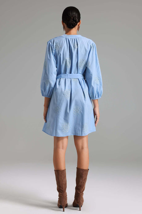 Luigia Blue Embroidered V-Neck Balloon Sleeve Dress