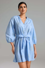 Luigia Blue Embroidered V-Neckline Balloon Sleeve Dress