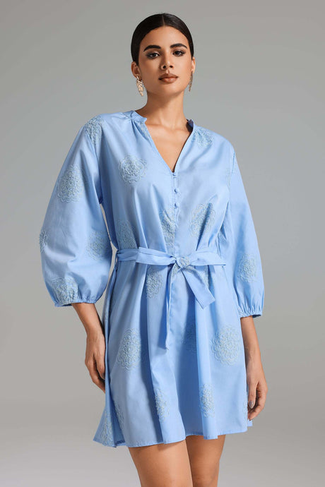 Luigia Blue Embroidered V-Neckline Balloon Sleeve Dress