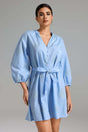 Luigia Blue Embroidered V-Neckline Balloon Sleeve Dress