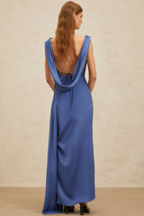 Luigia Maxi Dress - Blue Satin - Open Back - Side Slit - Bow Detail