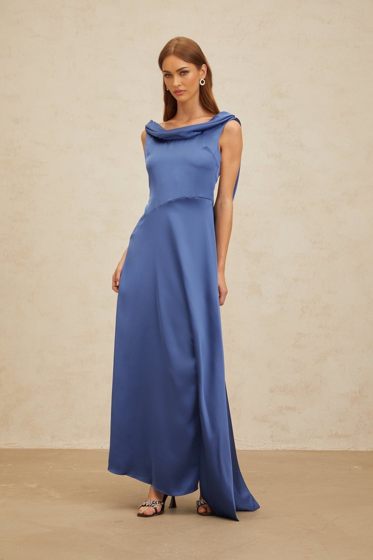 Luigia Maxi Dress - Blue Satin - Open Back - Side Slit - Bow Detail