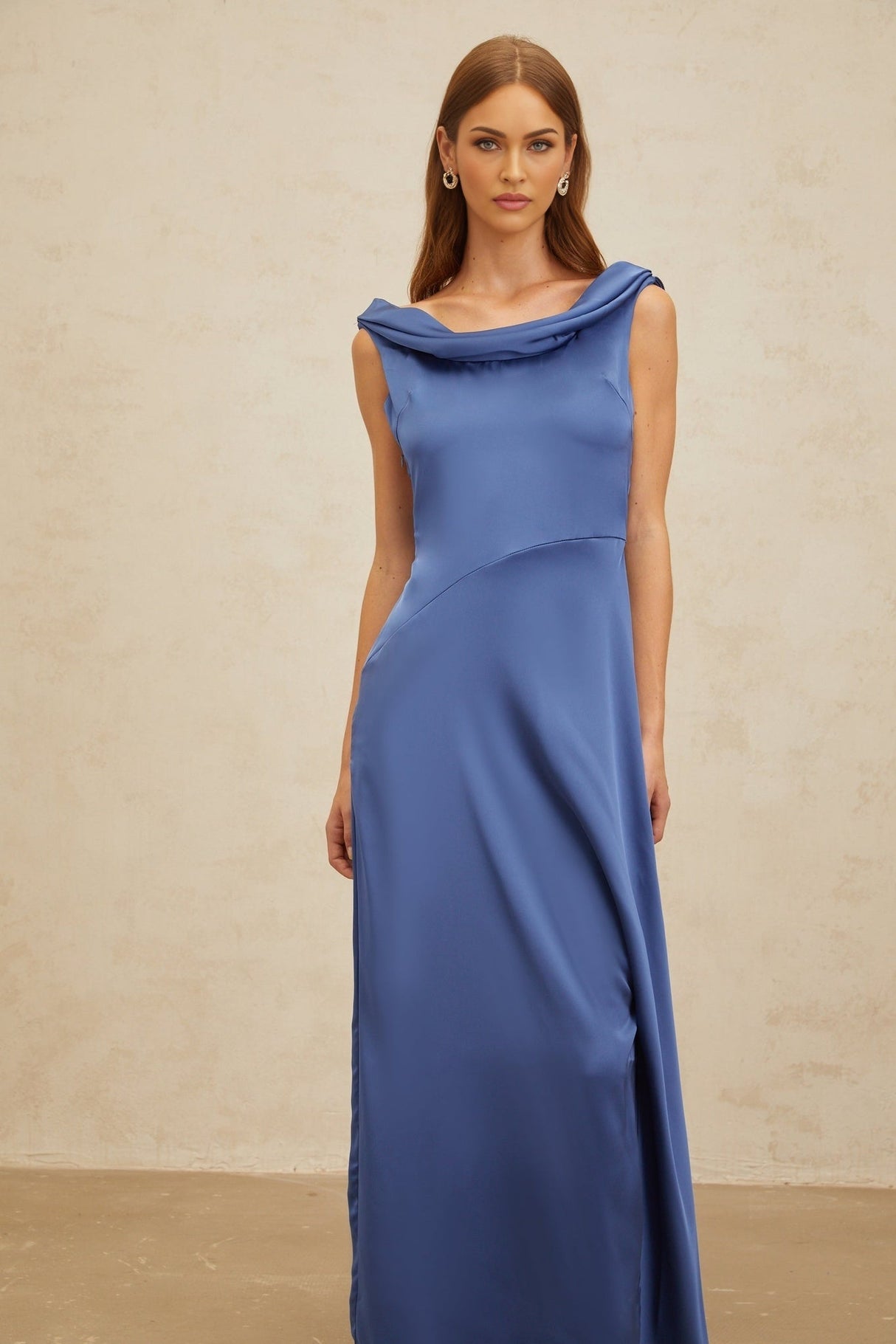 Luigia Maxi Dress - Blue Satin - Open Back - Side Slit - Bow Detail