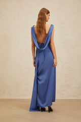 Luigia Maxi Dress - Blue Satin - Open Back - Side Slit - Bow Detail