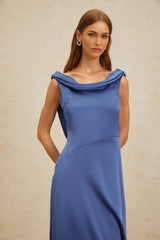 Luigia Maxi Dress - Blue Satin - Open Back - Side Slit - Bow Detail