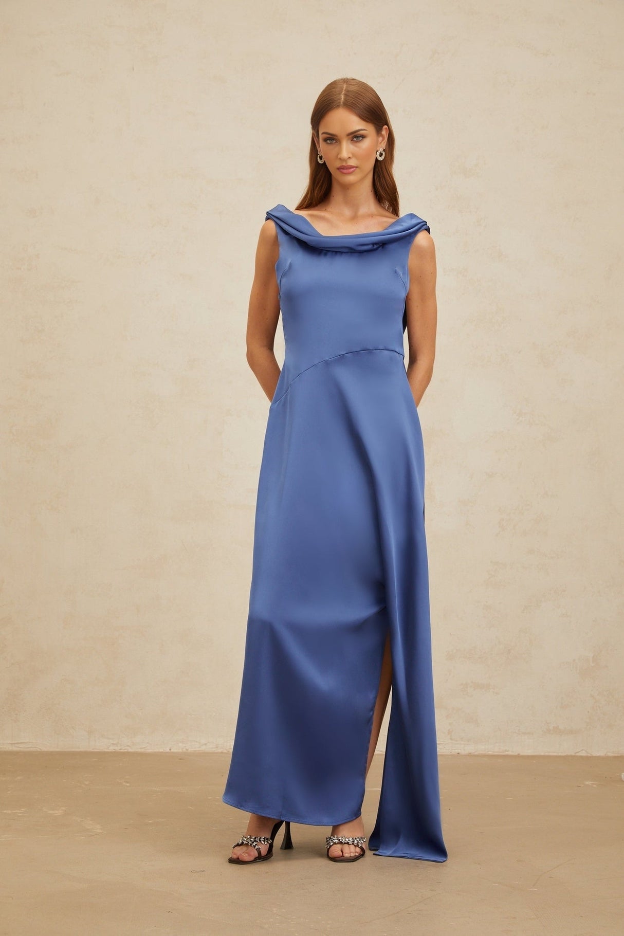 Luigia Maxi Dress - Blue Satin - Open Back - Side Slit - Bow Detail