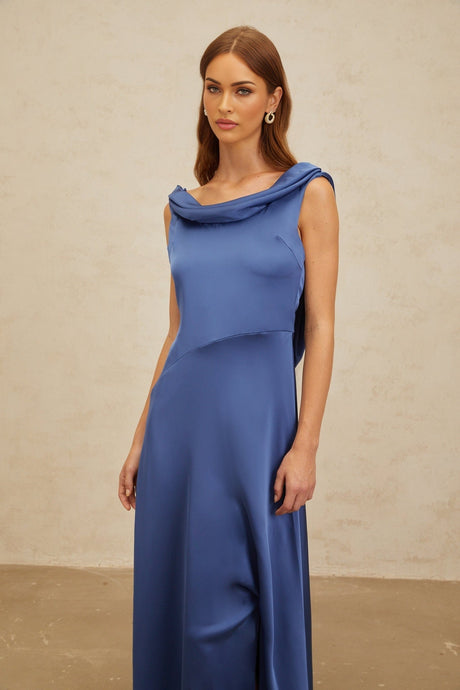 Luigia Maxi Dress - Blue Satin - Open Back - Side Slit - Bow Detail