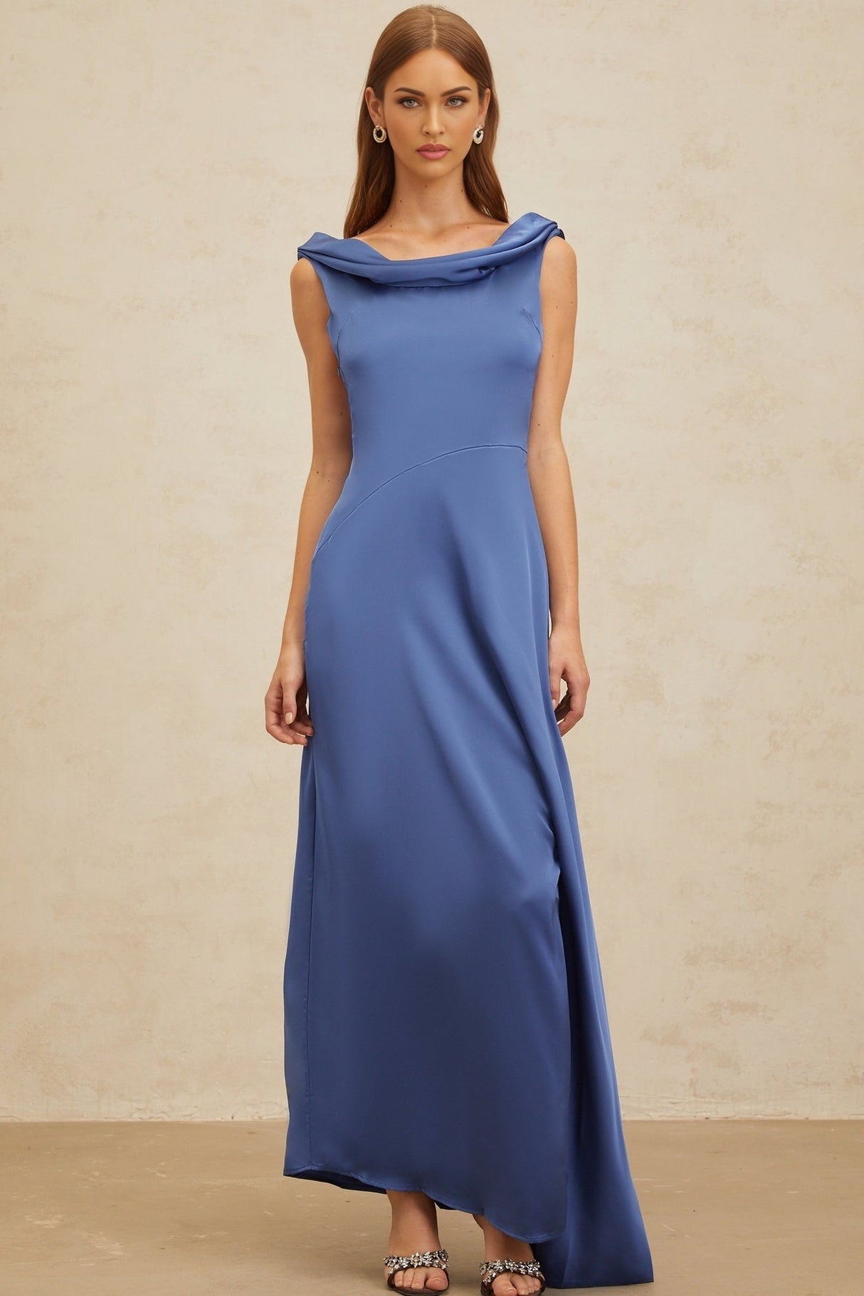 Luigia Maxi Dress - Blue Satin - Open Back - Side Slit - Bow Detail