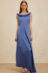 Luigia Maxi Dress - Blue Satin - Open Back - Side Slit - Bow Detail