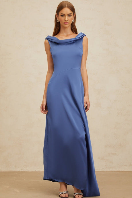 Luigia Maxi Dress - Blue Satin - Open Back - Side Slit - Bow Detail
