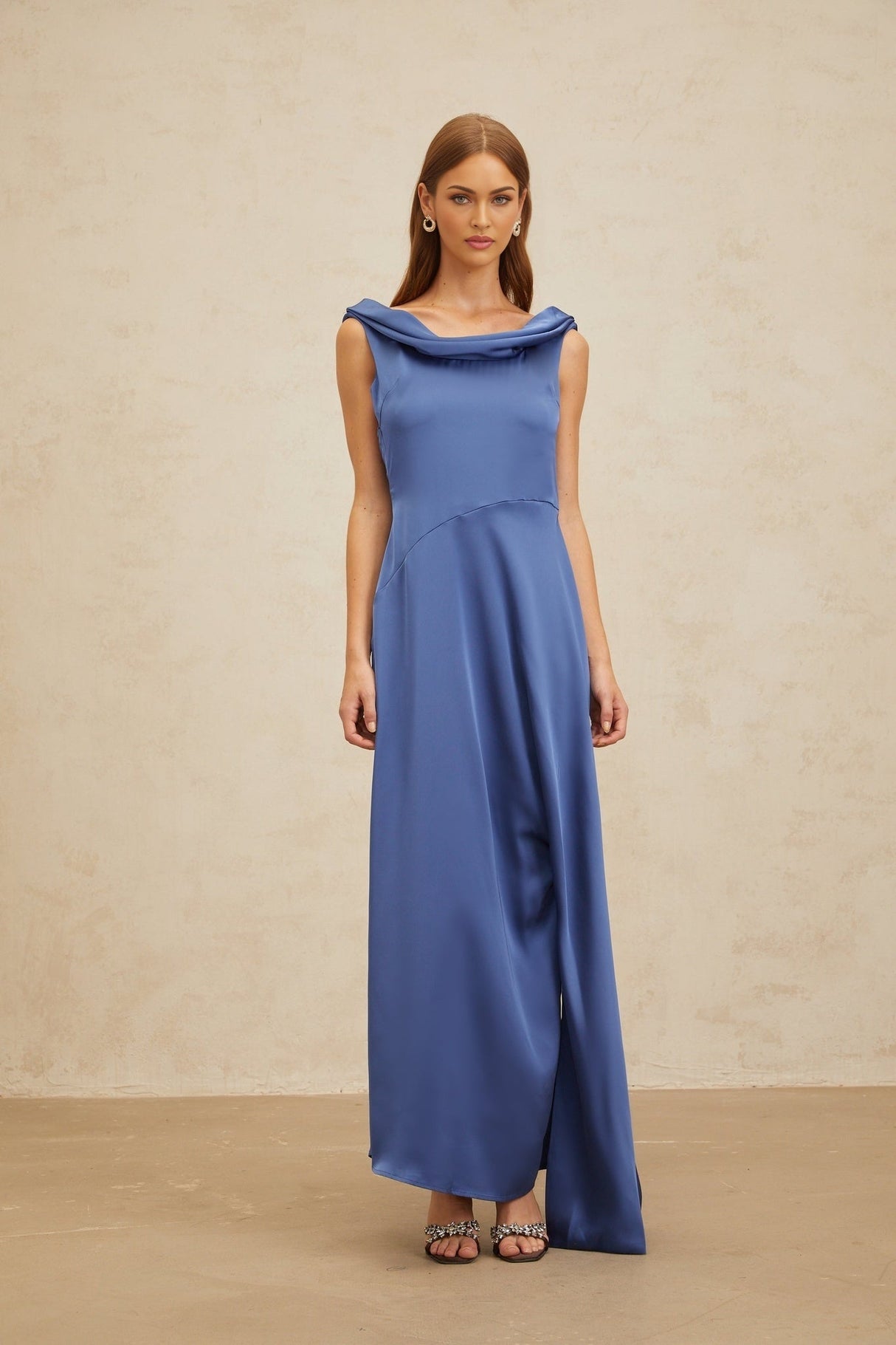 Luigia Maxi Dress - Blue Satin - Open Back - Side Slit - Bow Detail
