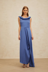 Luigia Maxi Dress - Blue Satin - Open Back - Side Slit - Bow Detail