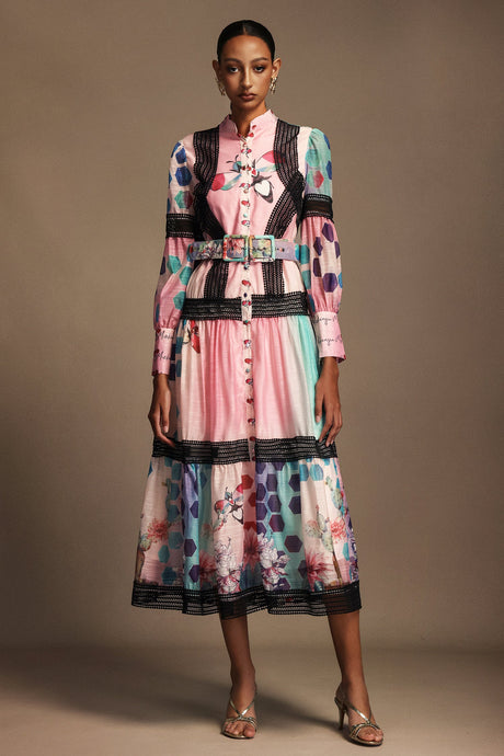 Luigia Pink Floral Maxi Dress with Button-Up Neckline