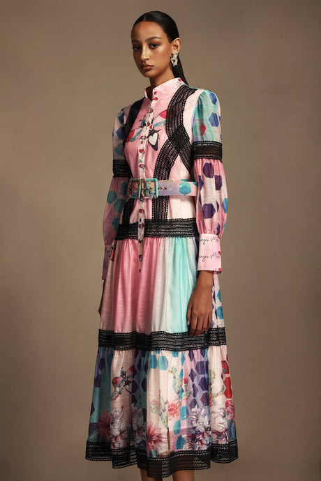 Luigia Pink Floral Maxi Dress with Button-Up Neckline