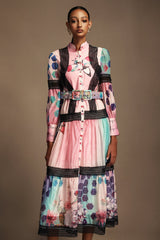 Luigia Pink Floral Maxi Dress with Button-Up Neckline and Belt