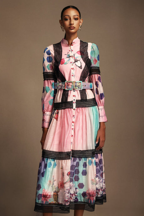 Luigia Pink Floral Maxi Dress with Button-Up Neckline and Belt