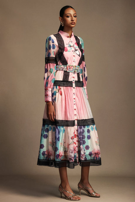 Luigia Pink Floral Maxi Dress with Button-Up Neckline and Belt