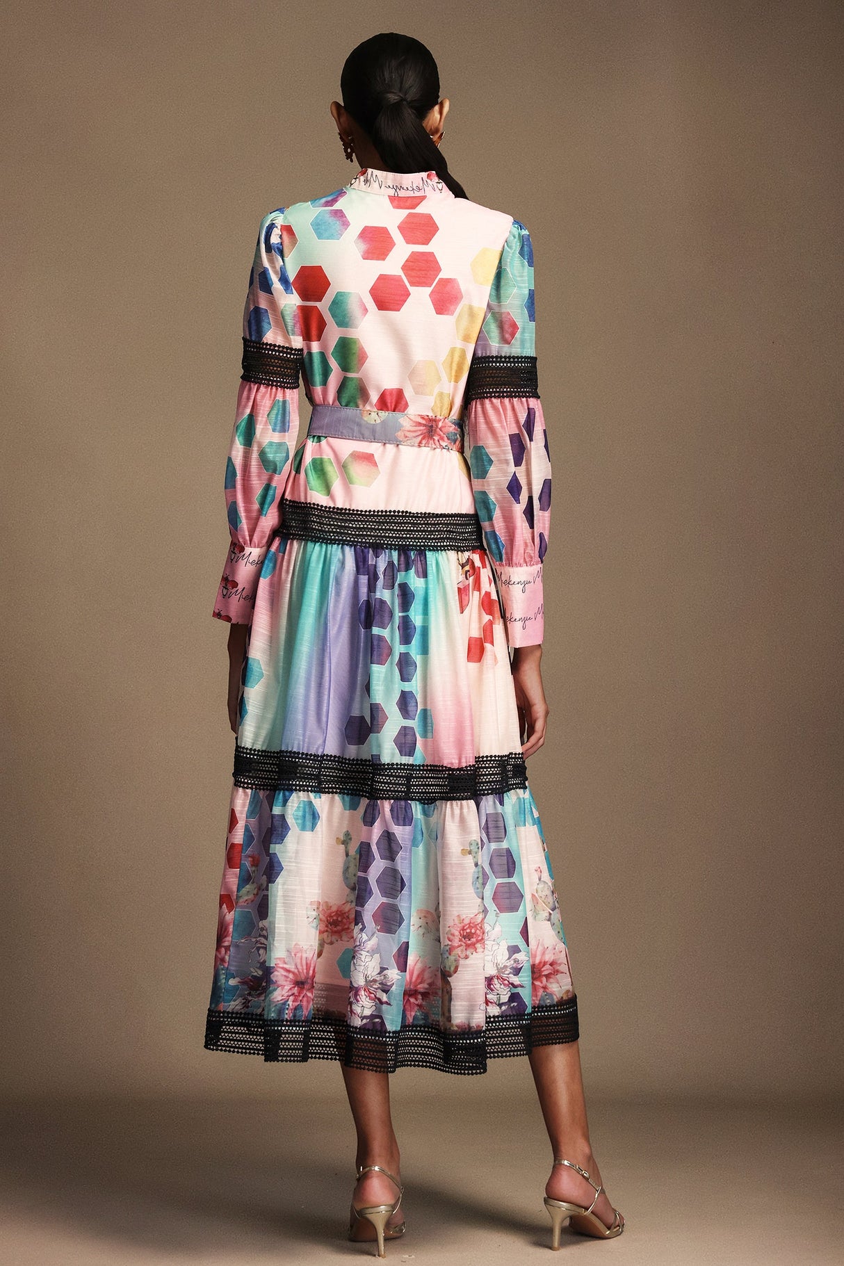 Luigia Pink Floral Maxi Dress with Button-up Neckline and Belt