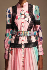 Luigia Pink Floral Maxi Dress with Button-Up Neckline and Belt