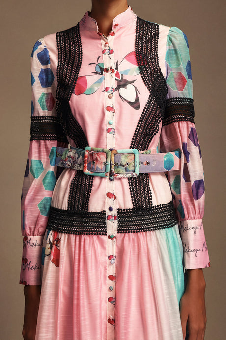 Luigia Pink Floral Maxi Dress with Button-Up Neckline and Belt