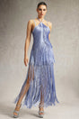 Luigia Purple Fringe Maxi Dress Halter Neckline Special Occasion Side Slit Elegant Sophisticated Glamorous Chic Modern Woman Style Comfort Timeless Charm Exquisite Craftsmanship